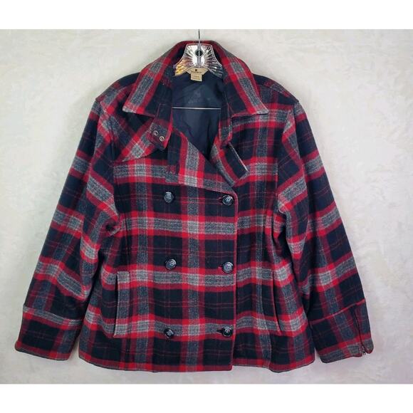 Vtg Woolrich Plaid Double Breast Pea Coat Jacket Womens Large Black Red Button - Picture 1 of 15